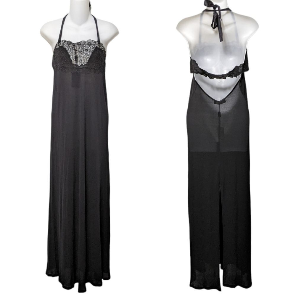 NWT DANA PISARRA Silk Halter Sheer Lace Nightgown XL